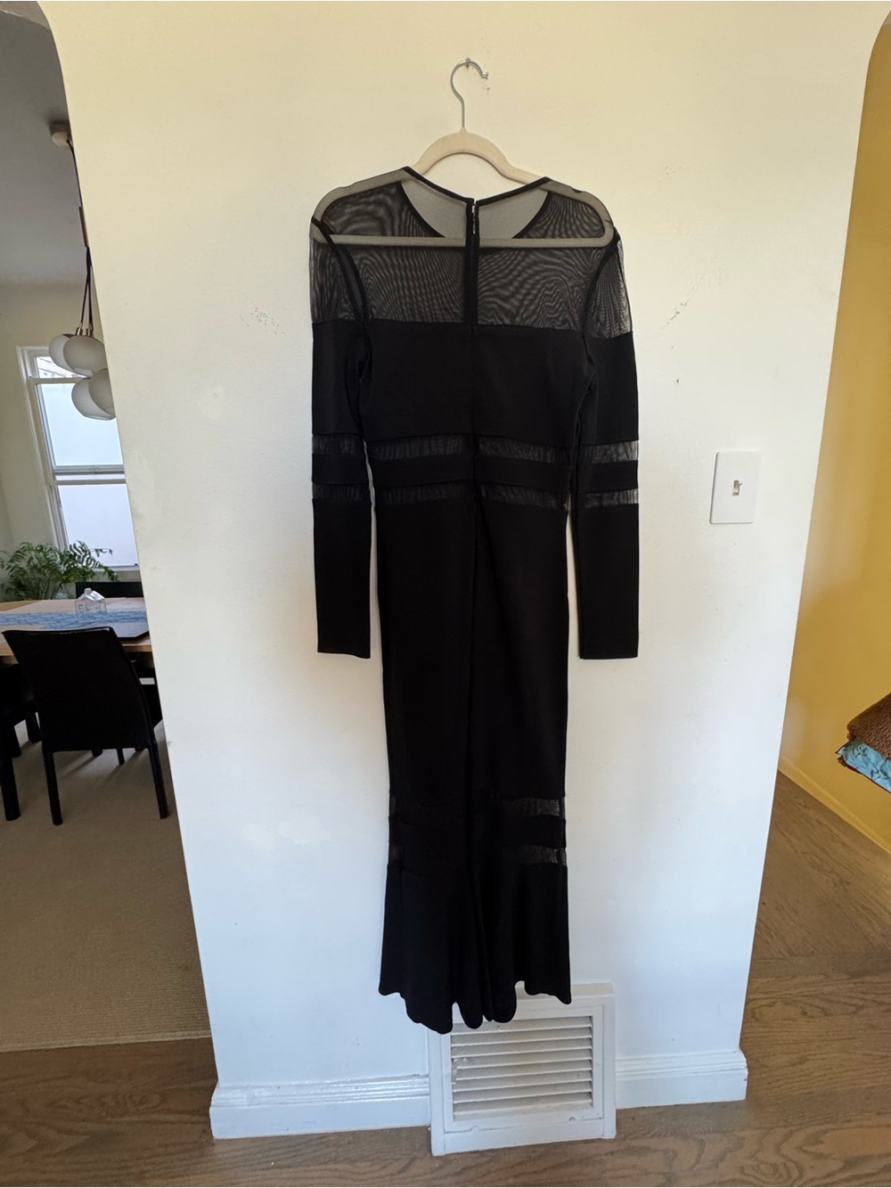 Nicole Miller Black Long Sleeve Mesh Panel Maxi Dress